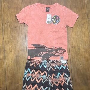Maui and Sons Coral Tee and Patterned Swim Trunk Set, Size M (10-12)